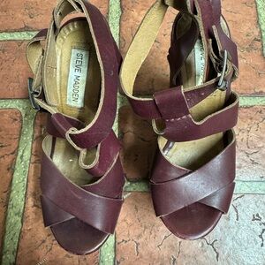 Steve Madden Wine Leather Strappy Wedge Sandals